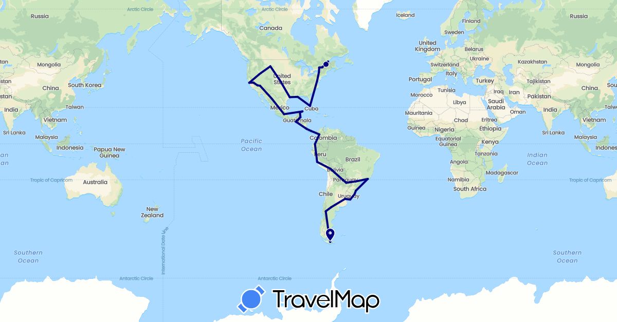TravelMap itinerary: driving in Argentina, Bolivia, Brazil, Belize, Canada, Colombia, Costa Rica, Ecuador, Guatemala, Mexico, Panama, Peru, Paraguay, United States, Uruguay (North America, South America)